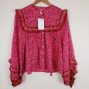 Free People Jenna Printed Bohemian Peasant Top NWT